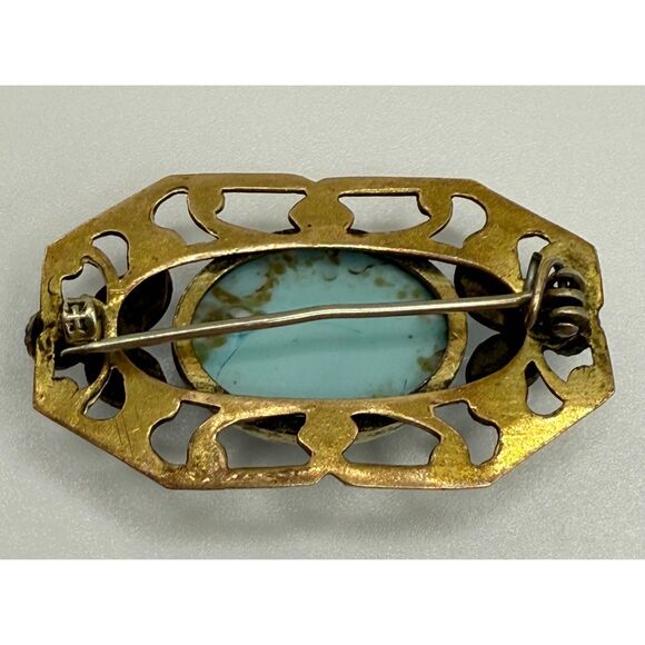 Turquoise brass brooch vintage source unknown - Picture 8 of 13